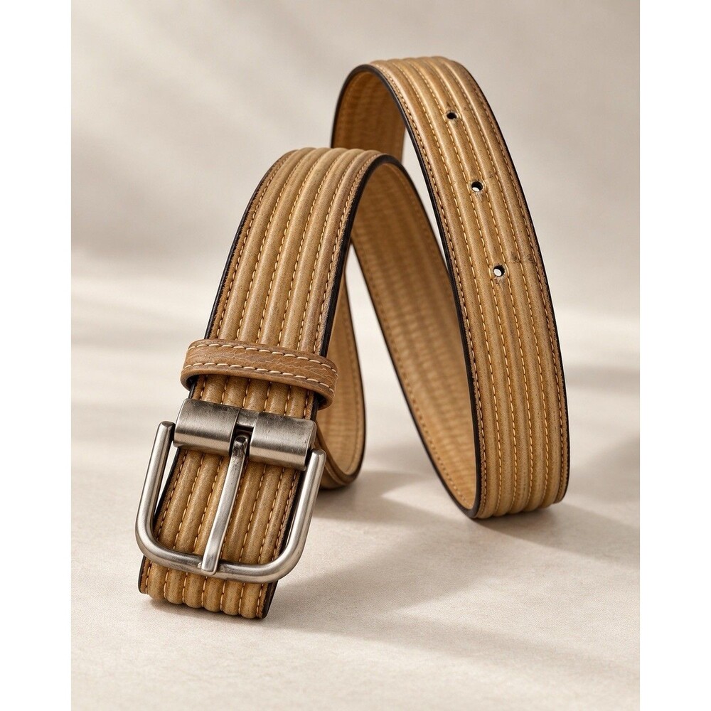 Nanni Milano Genuine Leather Belt 90/36 Tan Made Italy Ribbed Stitched Vintage